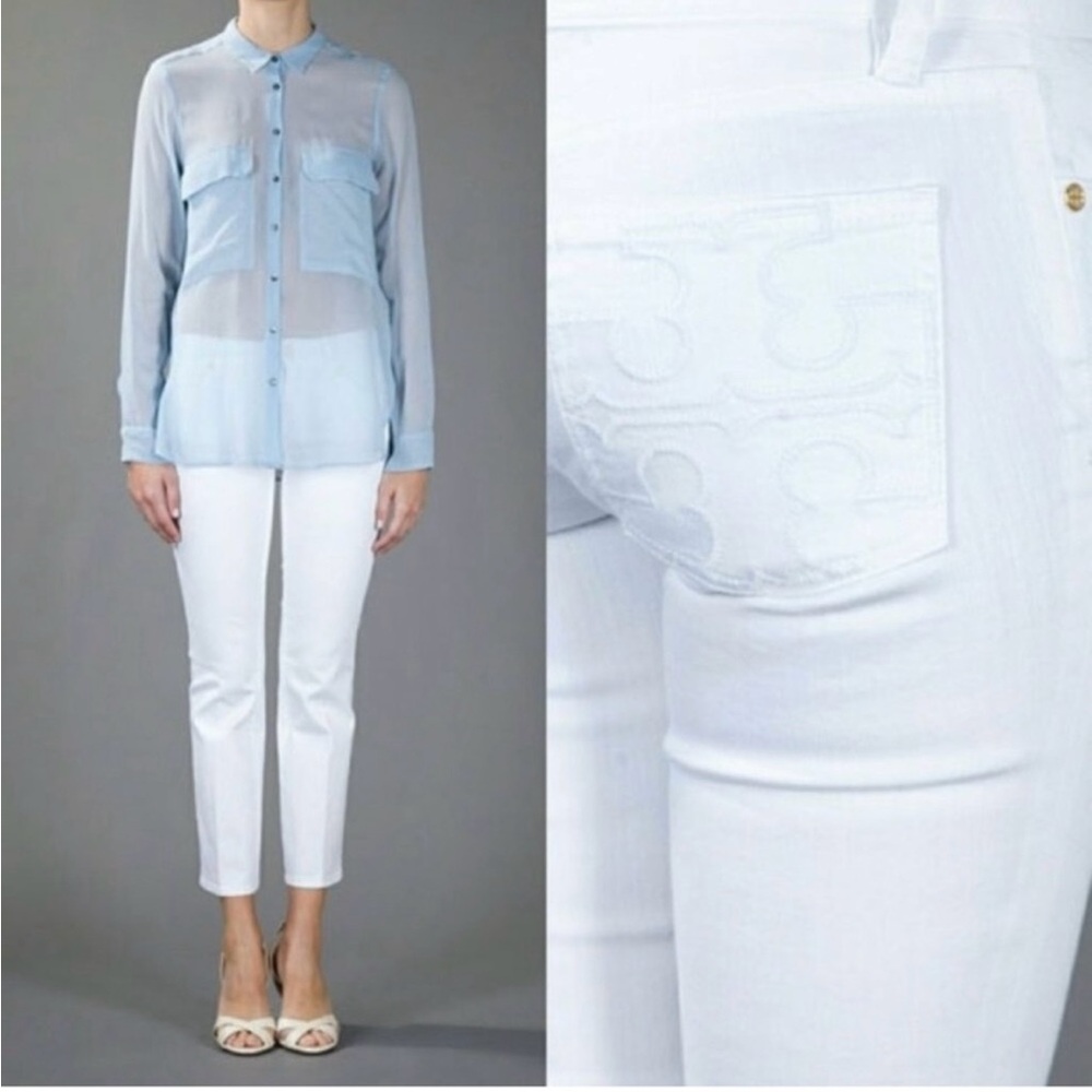Tory Burch White Cropped denim with Orange Logo Tag size 26